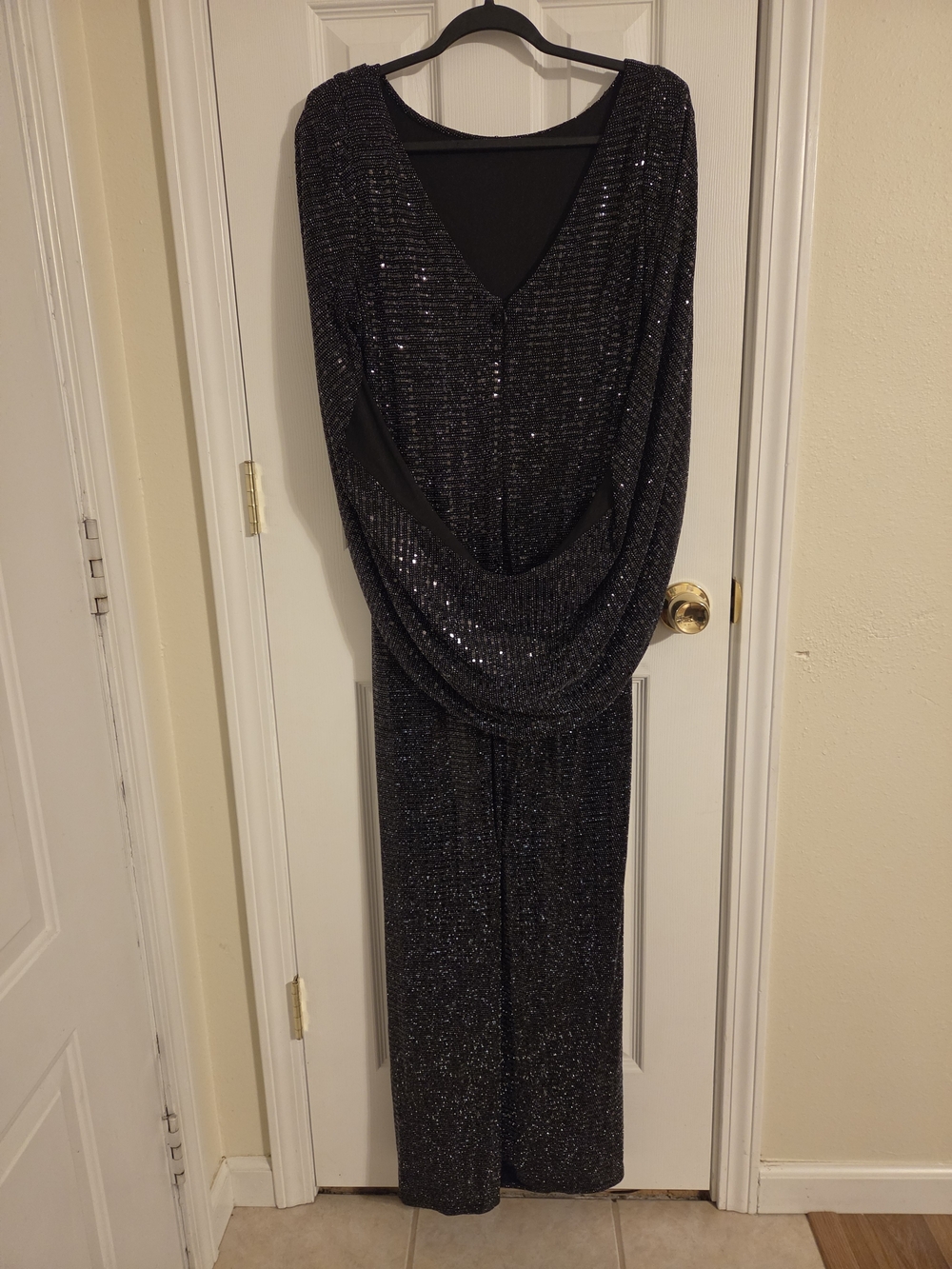 R&M Richards Black Sequin Draped Long Sleeve Evening Gown